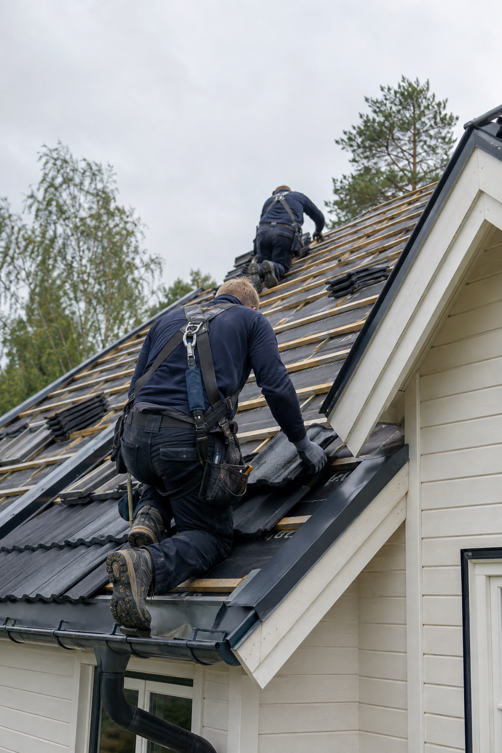 Takläggare monterar tegelpannor på ett svenskt hus